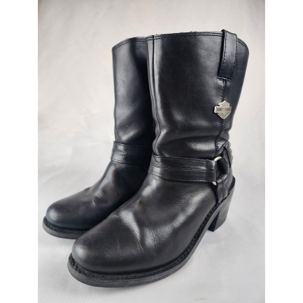 Harley Davidson Black Leather Harness Moto Boots Studded Calf Womens 9.5 Shoes